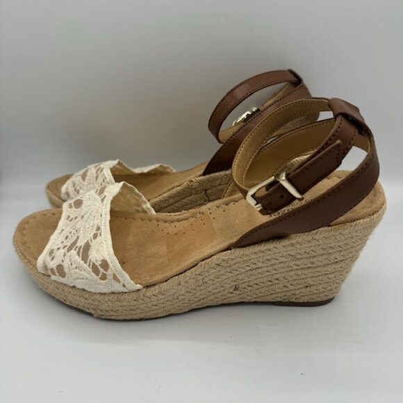 Naturalizer N5 Comfort Straw Wedge Heels Brown & Lace Size 9W - Picture 1 of 6